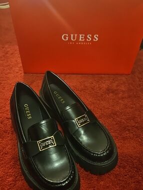GUESS Black Leather Chunky Loafers with Gold Logo